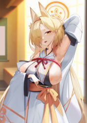 Rule 34 | 1girl, absurdres, animal ears, armpits, bare shoulders, blonde hair, blue archive, blush, breasts, detached sleeves, fox ears, hair over one eye, hairband, halo, highres, japanese clothes, jiang (kplrt 07), kaho (blue archive), kimono, large breasts, long hair, looking at viewer, mole, mole under mouth, nipples, see-through, solo, sweat, thick eyebrows, wide sleeves, yellow eyes