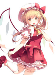 Rule 34 | 1girl, absurdres, ascot, blonde hair, bloomers, bow, crystal, fang, flandre scarlet, frilled shirt, frilled shirt collar, frilled skirt, frilled sleeves, frills, hat, hat bow, hat ribbon, highres, kanzakietc, leg up, medium hair, mob cap, one side up, open mouth, puffy short sleeves, puffy sleeves, red bow, red eyes, red ribbon, red skirt, red vest, ribbon, shirt, short sleeves, side ponytail, skirt, solo, touhou, underwear, vest, white shirt, wings, wrist cuffs, yellow ascot, yellow eyes