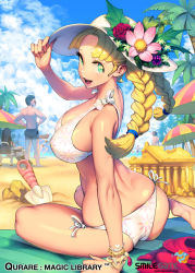 Rule 34 | 1girl, aristotle (qurare), arm support, ass, barefoot, beach, beach umbrella, bikini, blonde hair, bracelet, braid, breasts, cleavage, cloud, day, flower, green eyes, green flower, hair flower, hair ornament, hat, jewelry, large breasts, long hair, looking at viewer, looking back, ningu, ocean, open mouth, outdoors, palm tree, qurare magic library, sand sculpture, shiny skin, shorts, side-tie bikini bottom, skindentation, sky, smile, solo focus, spade, sunglasses, swimsuit, tree, twin braids, umbrella
