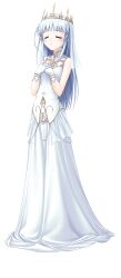 1girl aiyoku_no_eustia bare_shoulders bekkankou breasts closed_eyes crown dress full_body gloves hands_on_own_chest highres light_blush long_dress long_hair official_art own_hands_together parted_lips saint_irene simple_background sleeveless sleeveless_dress small_breasts solo standing tachi-e transparent_background vest white_dress white_gloves white_hair white_vest