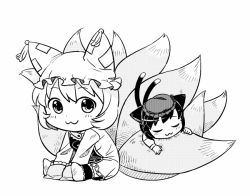 Rule 34 | 2girls, :3, animal ears, animal hat, blush, cat ears, cat tail, chen, chibi, closed eyes, closed mouth, commentary request, dress, fox ears, fox tail, full body, greyscale, grimay, hat, kitsune, long sleeves, looking at viewer, mob cap, monochrome, multiple girls, multiple tails, nekomata, non porn, short hair, simple background, sitting, smile, tabard, tail, touhou, two tails, yakumo ran