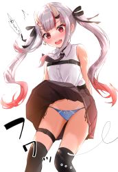 Rule 34 | 1girl, @ @, black necktie, black skirt, black thighhighs, blouse, blue panties, blush, clothes lift, collared shirt, commentary request, earrings, embarrassed, ex idol, feet out of frame, highres, hololive, jewelry, long hair, looking at viewer, nakiri ayame, nakiri ayame (streetwear), navel, necktie, open mouth, panties, red eyes, shirt, silver hair, single earring, skirt, sleeveless, sleeveless shirt, solo, thigh strap, thighhighs, twintails, underwear, virtual youtuber, white background, white shirt