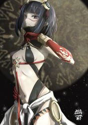 Rule 34 | 1girl, absurdres, bare shoulders, black hair, black skirt, blood, blood on hands, blue hair, bracer, breasts, colored inner hair, detached collar, facepaint, fate/grand order, fate (series), grey eyes, halterneck, headdress, high collar, highres, looking at viewer, multicolored hair, pelvic curtain, sash, short hair, sidelocks, skirt, small breasts, smile, solo, tassel, tenochtitlan (fate), tenochtitlan (first ascension) (fate), thighs, tsukaasa