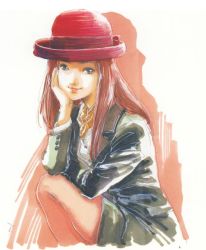 Rule 34 | 1980s (style), 1girl, blue eyes, brown hair, buttons, christina mackenzie, female focus, gundam, gundam 0080, hand on own cheek, hand on own face, hat, jacket, long sleeves, looking at viewer, mikimoto haruhiko, oldschool, open clothes, open jacket, pantyhose, retro artstyle, shirt, simple background, sitting, smile, solo, white shirt