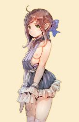 Rule 34 | 1girl, ahoge, bare shoulders, blue ribbon, blush, bound, bound wrists, bow (bhp), breasts, brown hair, closed mouth, cowboy shot, dress, green eyes, grey dress, hair ribbon, looking at viewer, medium breasts, nipples, no bra, original, pointy ears, ribbed dress, ribbon, sidelocks, simple background, solo, standing, thighhighs, white thighhighs, yellow background