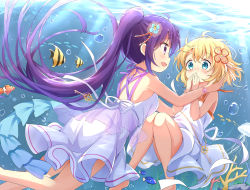 Rule 34 | 2girls, absurdres, air bubble, angelfish, animal, bare arms, bare shoulders, barefoot, blonde hair, blue eyes, blue flower, bubble, clownfish, commentary request, covered mouth, dress, eye contact, feet out of frame, fish, flower, gochuumon wa usagi desu ka?, hair between eyes, hair flower, hair ornament, hands up, highres, kirima syaro, long hair, looking at another, multiple girls, pink flower, pleated dress, ponytail, purple eyes, purple hair, revision, sleeveless, sleeveless dress, stick jitb, surgeonfish, tedeza rize, tropical fish, underwater, very long hair, white dress, yuri