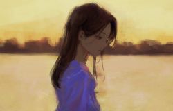 Rule 34 | 1girl, 7ife, brown hair, evening, from side, half-closed eyes, highres, lips, long hair, original, outdoors, parted lips, profile, purple shirt, shirt, solo, upper body