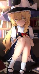 Rule 34 | 1girl, black vest, blonde hair, bloomers, blush, bookshelf, bottle, bow, braid, breasts, closed mouth, eyebrows hidden by hair, frills, full body, glint, hair between eyes, hair bow, hair ribbon, hat, highres, indoors, kirisame marisa, knees up, long hair, looking to the side, majime joe, petticoat, potion, puffy short sleeves, puffy sleeves, red bow, ribbon, short sleeves, sidelighting, single braid, sitting, small breasts, smile, solo, touhou, tress ribbon, twitter username, underwear, vest, witch hat, yellow eyes