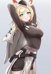 Rule 34 | 1girl, absurdres, animal ear fluff, animal ears, arknights, arms up, belt, black hat, black shorts, black sweater, blonde hair, blue eyes, breasts, cape, closed mouth, cowboy shot, garrison cap, grey background, hat, highres, horse ears, large breasts, long hair, looking at viewer, short shorts, shorts, simple background, smile, solo, sora mame (princess 0sora), stretching, sweater, whislash (arknights), white cape