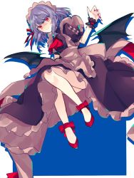 Rule 34 | 1girl, alternate color, alternate costume, apron, bat wings, black dress, blue hair, bow, brooch, commentary request, dress, drop shadow, enmaided, full body, hand up, highres, jewelry, maid, maid headdress, medium hair, miko (miko030751), nail polish, red eyes, red footwear, red nails, red neckwear, red ribbon, remilia scarlet, ribbon, shoes, short sleeves, smile, solo, touhou, white background, wings, wrist cuffs