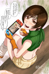 Rule 34 | 1girl, artist name, back, bare shoulders, blush, breasts, brown eyes, brown hair, commentary request, crop top, final fantasy, final fantasy vii, final fantasy viii, fingerless gloves, from above, gloves, grass, green sweater, hair strand, headband, log, looking at viewer, looking up, loose socks, midriff, nintendo switch, open mouth, orange footwear, orange gloves, playing games, pointing, ribbed sweater, sgk, shoes, short hair, shorts, signature, sitting, sleeveless, sleeveless turtleneck, small breasts, smile, socks, solo, speech bubble, sweater, swept bangs, translation request, turtleneck, turtleneck sweater, white legwear, yellow shorts, yuffie kisaragi
