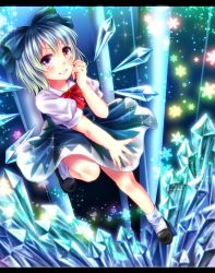 Rule 34 | 1girl, ankle socks, bad id, bad pixiv id, blue dress, blue eyes, blue hair, blush, cirno, crystal, dress, fingernails, gradient background, grin, hair ribbon, hand on own face, highres, kuyuru (vocalo520), letterboxed, looking at viewer, matching hair/eyes, ribbon, sharp fingernails, short hair, short sleeves, smile, snowflakes, socks, solo, sparkle, touhou, wings