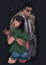 Rule 34 | 1boy, 1girl, absurdres, ass, black eyes, black hair, blue shorts, brown coat, cigarette, coat, collared shirt, commentary request, cowboy shot, endou yuuji, facial hair, facial scar, genderswap, genderswap (mtf), goatee, green shirt, grey background, grey necktie, grey pants, hand on another&#039;s back, highres, inudori, itou kaiji, kaiji, long hair, long sleeves, looking at viewer, looking back, medium bangs, necktie, open clothes, open coat, open mouth, pants, scar, scar on cheek, scar on ear, scar on face, scar on hand, shirt, short bangs, short hair, short sleeves, shorts, smoking, sunglasses, tie clip, very short hair, white shirt