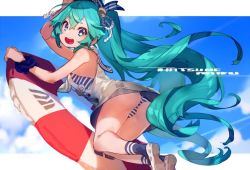 Rule 34 | 1girl, :d, arm up, ass, bad id, bad twitter id, blue eyes, blue hair, blue sky, blue socks, bukurote, character name, cloud, day, from side, hair between eyes, hair ornament, hatsune miku, innertube, lifebuoy, long hair, looking at viewer, one-piece swimsuit, open mouth, outside border, scrunchie, shoes, sky, sleeveless, smile, socks, solo, striped clothes, striped one-piece swimsuit, swim ring, swimsuit, swimsuit under clothes, twintails, very long hair, vocaloid, white footwear, wrist scrunchie
