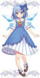 Rule 34 | 1girl, adapted costume, ahoge, beni kurage, black footwear, blue bow, blue dress, blue eyes, blue hair, blush, bobby socks, bow, cirno, commentary request, dress, flower, frilled bow, frilled shirt collar, frills, full body, grin, hair bow, highres, ice, ice wings, lolita fashion, looking at viewer, mary janes, petticoat, red neckwear, red ribbon, ribbon, see-through, see-through sleeves, shoes, short hair, short sleeves, simple background, smile, socks, solo, standing, sunflower, touhou, white background, white socks, wings