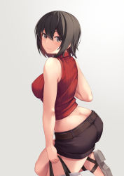 Rule 34 | 1girl, absurdres, ass, bag, bare arms, bare shoulders, belt, black eyes, black hair, black shorts, breasts, butt crack, crop top, highres, holding, leg up, looking at viewer, looking back, medium breasts, midriff, original, rebutsu, red shirt, ribbed shirt, sandals, shirt, short hair, short shorts, shorts, simple background, sleeveless, sleeveless shirt, solo, white background