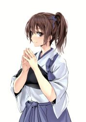 Rule 34 | 1girl, absurdres, armor, blue hakama, blush, brown eyes, brown hair, closed mouth, fingernails, hakama, hakama short skirt, hakama skirt, hands up, highres, japanese clothes, kaga (kancolle), kantai collection, lips, looking at viewer, medium hair, muneate, own hands together, ponytail, scan, side ponytail, simple background, skirt, smile, solo, white background, wide sleeves, yahako