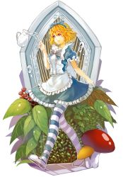 Rule 34 | 1girl, alice margatroid, blonde hair, blue eyes, bow, dress, female focus, hairband, leaf, mushroom, outline, pantyhose, short hair, smile, solo, striped clothes, striped pantyhose, touhou, vetina, walking