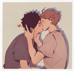 2boys arms_up black_hair black_shirt blush border brown_hair closed_eyes commentary_request couple grey_shirt haikyuu!! hands_on_another&#039;s_face heart highres iwaizumi_hajime kiss male_focus multiple_boys oikawa_tooru_(haikyuu!!) profile russian_commentary shadow shirt short_sleeves t-shirt upper_body white_border yaoi yokomiro_chan