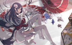 Rule 34 | 1girl, absurdres, akira (coffee curry), arm support, black hair, flower, hair flower, hair ornament, half-closed eyes, highres, indoors, japanese clothes, kimono, long hair, long legs, lying, obi, oil-paper umbrella, on side, onmyoji, origami, paper crane, parted lips, pointy ears, profile, sash, shade, shadow, side slit, solo, thick eyebrows, thighhighs, umbrella, white flower, white kimono, white thighhighs, wide sleeves, wings, yellow eyes
