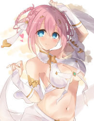 Rule 34 | 1girl, akahaneko, arms up, bare shoulders, blue eyes, braid, braided hair rings, breasts, bridal gauntlets, cleavage, collarbone, detached sleeves, dress, hair between eyes, hair ornament, hair rings, heart, highres, midriff, navel, pink hair, princess connect!, revealing clothes, short hair, smile, solo, split mouth, upper body, white dress, yui (ceremonial) (princess connect!), yui (princess connect!)