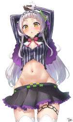Rule 34 | 1girl, absurdres, blush, bow, bowtie, capelet, crop top, from below, gloves, grey hair, hair ornament, highres, hololive, long hair, long sleeves, looking at viewer, midriff, miniskirt, murasaki shion, murasaki shion (1st costume), nanaushi, navel, open mouth, parted lips, shirt, simple background, skirt, solo, striped clothes, striped shirt, thighhighs, vertical-striped clothes, vertical-striped shirt, virtual youtuber, white background, white thighhighs, yellow eyes, zettai ryouiki