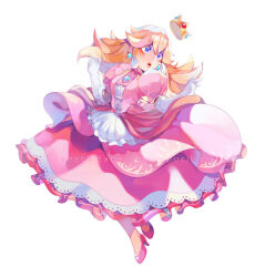 Rule 34 | 1girl, artist name, blonde hair, blue eyes, blue gemstone, brooch, character name, chest jewel, circle skirt, commentary, dress, earrings, elbow gloves, english commentary, english text, eyelashes, frilled dress, frills, full body, gem, gloves, gold headwear, hat loss, high heels, jewelry, lace, lace-trimmed dress, lace trim, light blush, lipstick, long dress, long hair, looking to the side, makeup, mario (series), nintendo, parted lips, pink dress, pink footwear, pink sleeves, princess peach, puffy short sleeves, puffy sleeves, purii, red lips, short sleeves, simple background, solo, sphere earrings, super smash bros., watermark, white background, white gloves