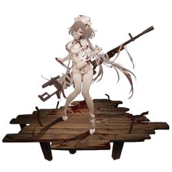 Rule 34 | 1girl, alternate costume, bandaged arm, bandages, black nails, blood, blood on clothes, blood stain, bloody bandages, bloody knife, breasts, brown hair, cleavage, cracked skin, eyelashes, fingernails, full body, girls&#039; frontline, gun, harness, hat, heavy machine gun, high heels, holding, holding knife, horror (theme), knife, kord (dancer in the dead silence) (girls&#039; frontline), kord (girls&#039; frontline), kord 6p50, kord macine gun, legs, long hair, looking at viewer, low twintails, machine gun, medium breasts, nail polish, nurse, nurse cap, o-ring, off shoulder, official art, pale skin, rebar, red eyes, scope, shi-chen, solo, thighs, transparent background, twintails, very long hair, weapon, white footwear, wooden floor