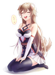 Rule 34 | 1girl, 1mikuro, ^ ^, absurdres, animal ears, black thighhighs, blush, breasts, closed eyes, collarbone, criss-cross halter, dog ears, dog girl, dog tail, furen e lustario, furen e lustario (1st costume), halterneck, hands on own thighs, highres, kemonomimi mode, medium breasts, nijisanji, open mouth, smile, solo, speech bubble, tail, thighhighs, virtual youtuber, white background