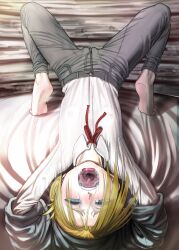 Rule 34 | 1girl, absurdres, after fellatio, annie leonhart, arched back, arms up, barefoot, bed, bed sheet, blonde hair, blue eyes, breasts, cameltoe, clothes, cum, cum in mouth, female focus, flat chest, half-closed eyes, highres, indoors, looking at viewer, lying, on bed, open mouth, pants, red ribbon, ribbon, see-through, see-through shirt, shirt, small breasts, soles, solo, spread legs, teeth, tiptoes, tongue, uvula, youkai ankake