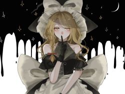 Rule 34 | 1girl, adapted costume, apron, back bow, bare shoulders, black gloves, blonde hair, blush, bow, braid, breasts, collarbone, covered mouth, cowboy shot, crescent moon, finger to mouth, gloves, hair ribbon, hat, highres, kirisame marisa, long hair, looking at viewer, medium breasts, moon, night, night sky, nose blush, off shoulder, pepetin 0147, ribbon, see-through, shooting star, single braid, sky, solo, sparkle, star-shaped pupils, star (sky), star (symbol), starry background, starry sky, symbol-shaped pupils, touhou, tress ribbon, waist apron, white bow, witch hat, yellow eyes