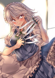 Rule 34 | 1girl, absurdres, apron, backlighting, between fingers, blue skirt, blue vest, blurry, blurry background, blush, closed mouth, collared shirt, commentary request, cowboy shot, frilled apron, frilled skirt, frills, green ribbon, grey hair, highres, holding, holding knife, indoors, izayoi sakuya, knife, looking at viewer, mahoro (minase mahoro), maid, maid headdress, neck ribbon, puffy short sleeves, puffy sleeves, red eyes, ribbon, shirt, short sleeves, skirt, smile, solo, touhou, v-shaped eyebrows, vest, waist apron, white apron, white shirt