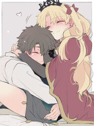 Rule 34 | 1boy, 1girl, ^ ^, azumi (myameco), blonde hair, blush, breasts, brown hair, cape, closed eyes, closed mouth, commentary, couple, ereshkigal (fate), fate/grand order, fate (series), fingernails, fujimaru ritsuka (male), grey background, hair ribbon, heart, hetero, hug, jacket, long hair, medium breasts, red cape, red ribbon, ribbon, short hair, simple background, sitting, smile, symbol-only commentary, tiara, white jacket