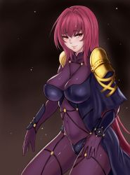 Rule 34 | 1girl, akira (yuibnm71), armor, blush, bodysuit, breasts, closed mouth, covered navel, cowboy shot, fate/grand order, fate (series), from side, highres, large breasts, long hair, looking at viewer, looking to the side, pauldrons, purple bodysuit, purple hair, red eyes, scathach (fate), shoulder armor, smile, solo, very long hair