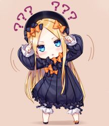 Rule 34 | 1girl, ?, abigail williams (fate), back bow, black dress, blonde hair, blue eyes, bow, chestnut mouth, chibi, dress, fate/grand order, fate (series), hair bow, hat, long hair, motion lines, multiple hair bows, orange bow, parted bangs, simple background, sleeves past wrists, solo, very long hair, yuya (night lily)