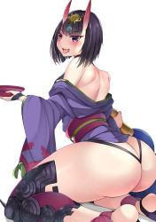 Rule 34 | 1girl, absurdres, alcohol, arched back, ass, bare shoulders, black hair, butt crack, commentary request, cup, fang, fate/grand order, fate (series), from behind, highres, horns, muyoshito, purple eyes, sakazuki, sake, short hair, shuten douji (fate), simple background, soles, solo, thick thighs, thighs, tongue, tongue out, white background, yoshito (muyoshito207)