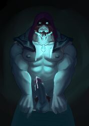 Rule 34 | 1boy, abs, bad id, bad tumblr id, bara, bare arms, bare pectorals, beard, blue skin, clothes pull, colored skin, cum on penis, erection, facial hair, get-on-jb-art, glowing, glowing eyes, glowing neckwear, highres, hood, hood up, large pectorals, league of legends, looking at viewer, male focus, male pubic hair, muscular, muscular male, nipples, no male underwear, pants, pants pull, pectorals, penis, pubic hair, short hair, solo, stomach, thick thighs, thighs, yorick (league of legends)