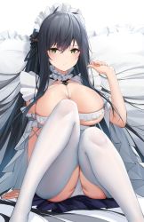 Rule 34 | 1girl, :/, absurdres, azur lane, black hair, blush, breasts, choker, cleavage, closed mouth, cross-laced clothes, crotchless, crotchless pantyhose, detached sleeves, feet out of frame, frilled choker, frilled hairband, frilled sleeves, frills, green eyes, hair between eyes, hairband, hand up, highres, indomitable (azur lane), indomitable (ms. motivationless maid) (azur lane), kafeifeifeifeifeifei jiemo jun, knees together feet apart, knees up, large breasts, long hair, looking at viewer, lying, maid headdress, official alternate costume, on back, panties, pantyhose, pantyshot, revealing clothes, sidelocks, solo, thighs, underwear, very long hair, white choker, white panties, white pantyhose