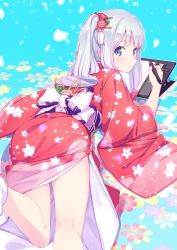 Rule 34 | 1girl, azumi akitake, blue background, blue eyes, blush, closed mouth, drawing tablet, eromanga sensei, feet out of frame, floral print, flower, furisode, hair flower, hair ornament, holding, holding pen, izumi sagiri, japanese clothes, kimono, legs, long hair, looking back, lying, obi, on floor, on stomach, one side up, pen, red kimono, sash, silver hair, socks, solo, thighs, wide sleeves