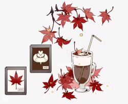 Rule 34 | autumn leaves, coffee, drawing (object), drinking straw, food focus, glass, maobing maobing, no humans, object focus, original, sample watermark, still life, watermark, white background