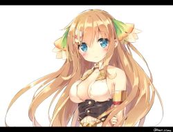 Rule 34 | 1girl, armlet, artist name, bare shoulders, blonde hair, blue eyes, blush, breasts, ciel nosurge, cleavage, flower, hair flower, hair ornament, ionasal kkll preciel, kani biimu, letterboxed, long hair, looking at viewer, medium breasts, simple background, smile, solo, surge concerto, upper body, white background