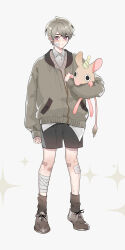 Rule 34 | 1boy, absurdres, bandaged leg, bandages, bandaid, bandaid on face, bandaid on leg, black bow, black shorts, bow, brown footwear, brown socks, brown vest, clenched hands, closed mouth, collared shirt, commentary, english commentary, footwear bow, full body, green hat, green jacket, hat, highres, holding, holding stuffed toy, jacket, jerboa, light brown hair, light frown, long sleeves, maosishu, mouse (animal), original, partially unzipped, party hat, pink eyes, pocket, puffy long sleeves, puffy sleeves, shirt, shoes, short hair, shorts, sneakers, socks, sparkle, striped clothes, striped headwear, stuffed animal, stuffed toy, sweater jacket, thick eyebrows, two-tone headwear, vest, white background, white hat, white shirt