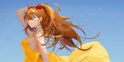 Rule 34 | 1girl, ahoge, blue background, blue eyes, choker, dress, hair ornament, hairclip, hand in own hair, highres, light particles, looking at viewer, neon genesis evangelion, orange hair, parted lips, ribbon, simple background, solo, souryuu asuka langley, sundress, tidsean, twintails, yellow dress