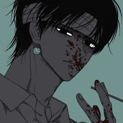 Rule 34 | 1boy, bandaged head, bandages, black eyes, black hair, blood, blood on face, blood on hands, chrollo lucilfer, cigarette, earrings, glowing, glowing earrings, green background, holding, holding cigarette, hunter x hunter, jewelry, looking at viewer, male focus, oho0918, shirt, short hair, simple background, solo, upper body, white shirt