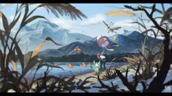 Rule 34 | 1boy, backpack, bag, beautifly, bent over, bird, blurry, cloud, commentary, creatures (company), dated, day, fish, game freak, gen 1 pokemon, gen 3 pokemon, gen 4 pokemon, hat, jacket, leafeon, letterboxed, lucas (pokemon), magikarp, male focus, mountain, nintendo, outdoors, pants, pokemon, pokemon (creature), pokemon dppt, pokemon platinum, ponimu, red headwear, shoes, sky, symbol-only commentary, water, white bag