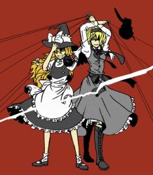 Rule 34 | 2girls, alice margatroid, bad id, bad pixiv id, blonde hair, blue eyes, boots, braid, charin, doll, dress, female focus, flat color, full body, hairband, hat, kirisame marisa, multiple girls, short hair, simple background, skirt, touhou, witch, witch hat, yellow eyes