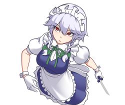 Rule 34 | 1girl, apron, blue dress, bow, braid, breasts, commentary, cowboy shot, dress, frilled apron, frills, gloves, green bow, green ribbon, hair between eyes, hair bow, holding, holding knife, holding weapon, izayoi sakuya, knife, large breasts, left-handed, looking at viewer, maid, maid apron, maid headdress, mochi (chain csn), neck ribbon, petticoat, puffy short sleeves, puffy sleeves, red eyes, ribbon, shirt, short hair, short sleeves, silver hair, simple background, solo, touhou, twin braids, waist apron, weapon, white apron, white background, white gloves, white shirt, wrist cuffs