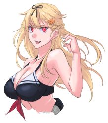 Rule 34 | 1girl, adapted costume, bikini, black bikini, black ribbon, blonde hair, breasts, cleavage, commentary request, cropped torso, dated, hair flaps, hair ornament, hair ribbon, hairclip, highres, kantai collection, large breasts, long hair, looking at viewer, red eyes, ribbon, scarf, simple background, solo, sozan, swimsuit, twitter username, upper body, white background, white scarf, yuudachi (kancolle), yuudachi kai ni (kancolle)