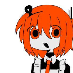 Rule 34 | 1girl, a.i. voice, adachi rei, alternate costume, apron, cho (chora otaku00), flat color, frilled apron, frills, hair between eyes, hashtag-only commentary, headlamp, highres, limited palette, looking at viewer, necktie, open mouth, orange eyes, orange hair, orange necktie, portrait, radio antenna, short hair, simple background, solo, utau, white background