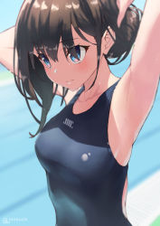 Rule 34 | 1girl, armpits, artist request, black hair, blue eyes, breasts, commentary request, competition swimsuit, from side, gridman universe, highres, jonsun, long hair, medium breasts, one-piece swimsuit, poolside, solo, ssss.gridman, swimsuit, takarada rikka, tying hair